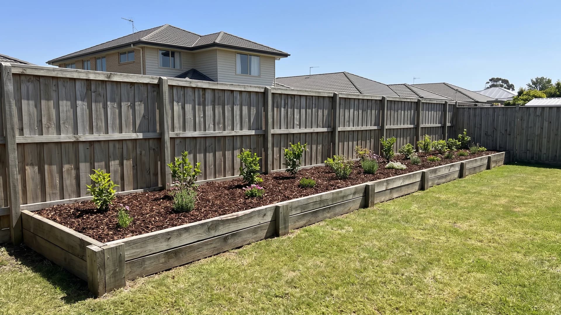 Raised bed built from timber sleepers running the length of a backyard fence