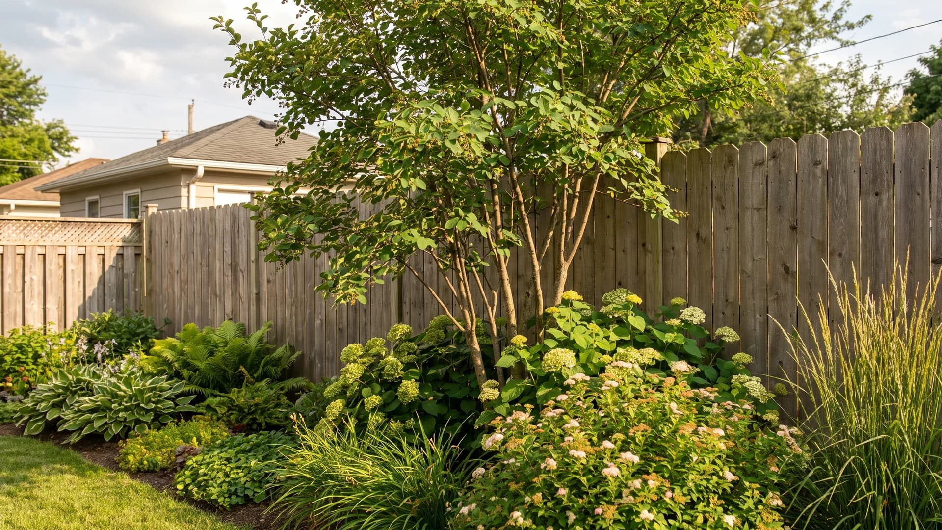 Layered shrubs and a small tree softening a tall board privacy fence