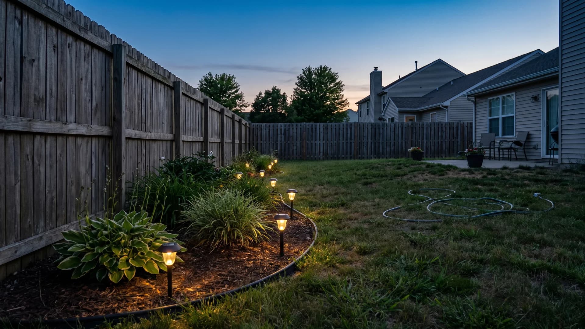 Solar path lights clustered along the edge of a planting bed by a fence