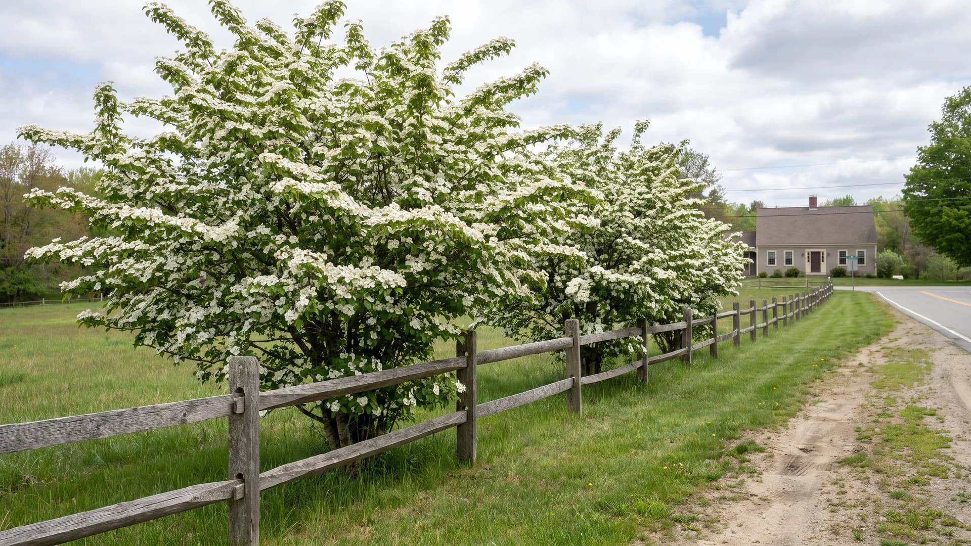 Doublefile viburnum blooming along a rustic split rail fence in spring