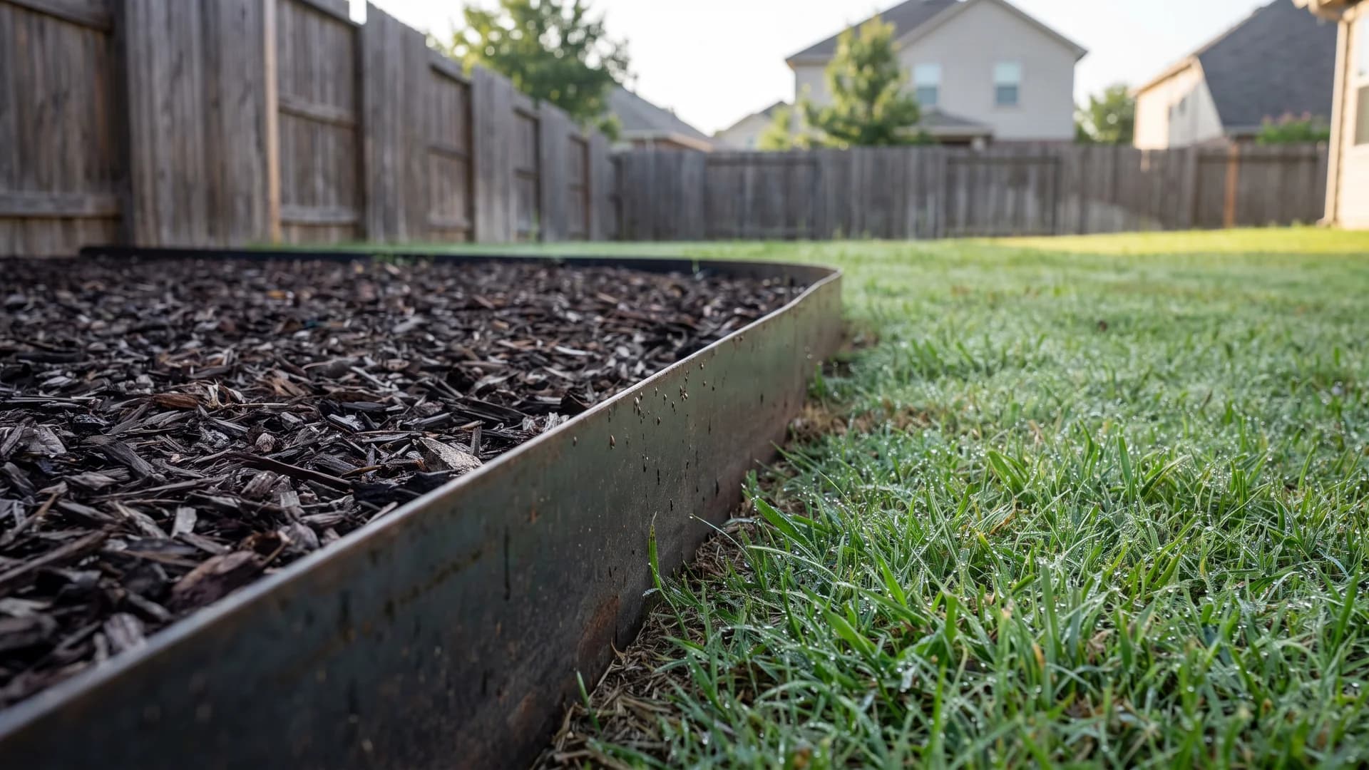 Steel edging separating a planting bed from lawn along a backyard fence