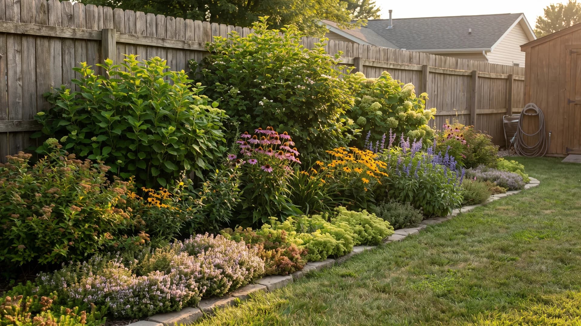 Three layer border with tall shrubs, mid height perennials, and groundcover along a wooden fence