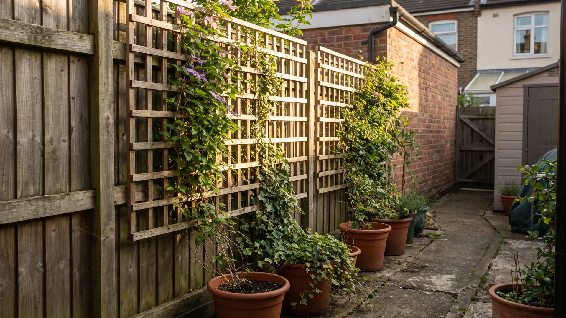 Cedar trellis panels mounted on a fence with potted climbers below