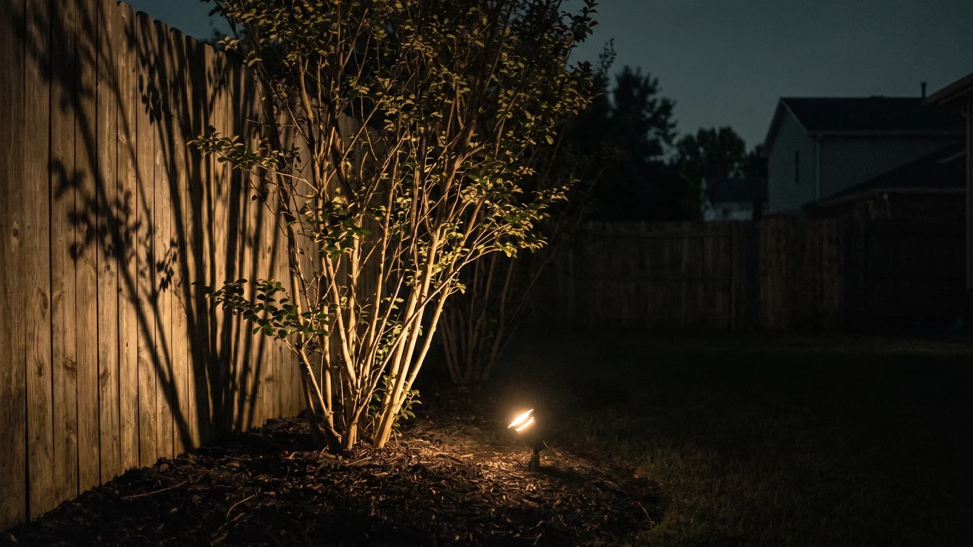 Single uplight aimed at a specimen shrub casting shadow on a fence