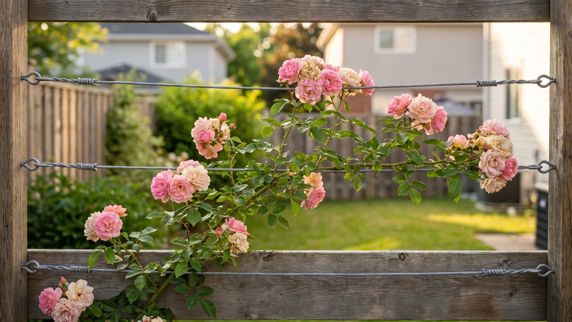 Climbing rose trained on horizontal wires mounted across fence boards
