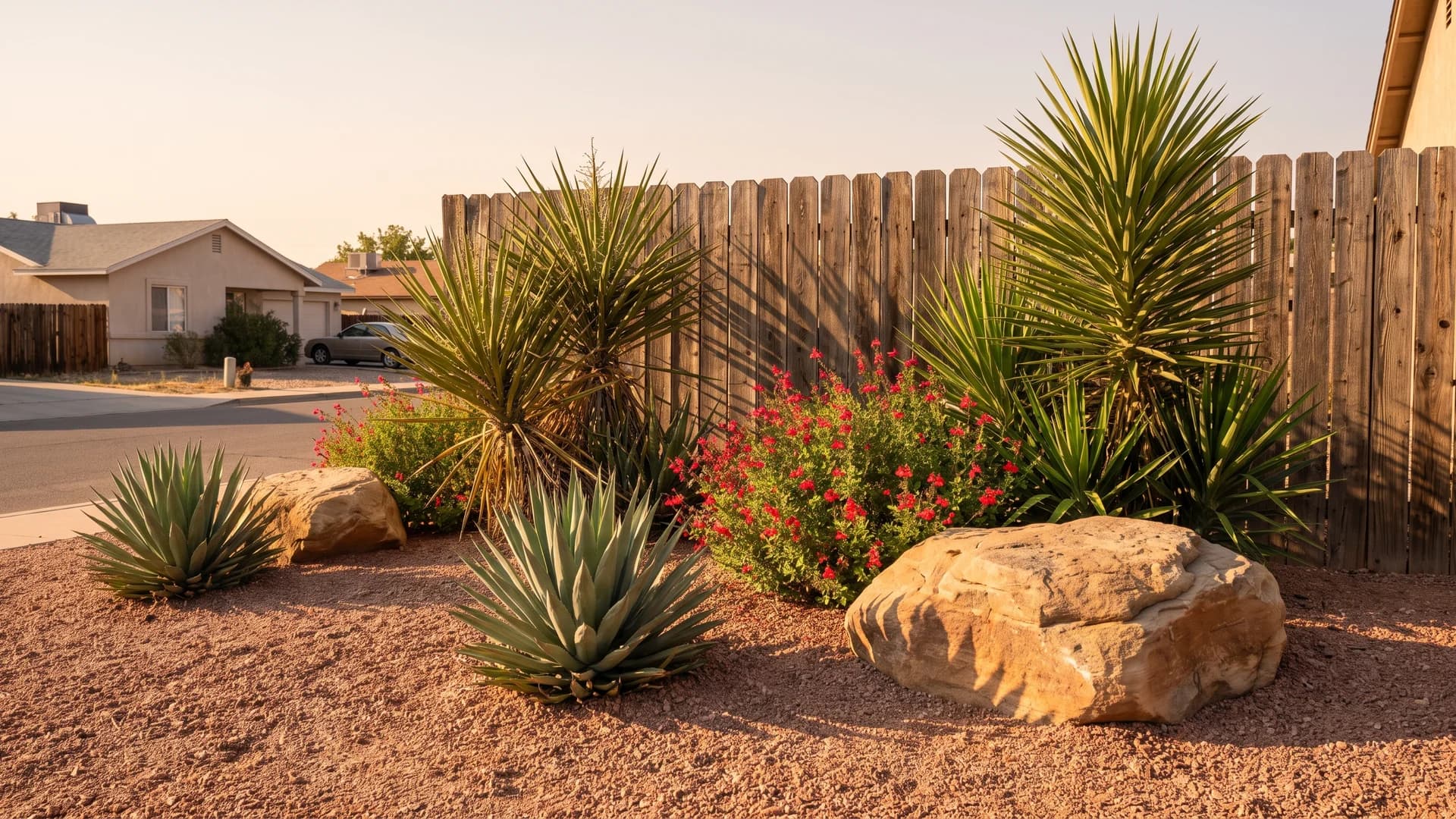 Agave and salvia in decomposed granite along a sun baked fence in the Southwest