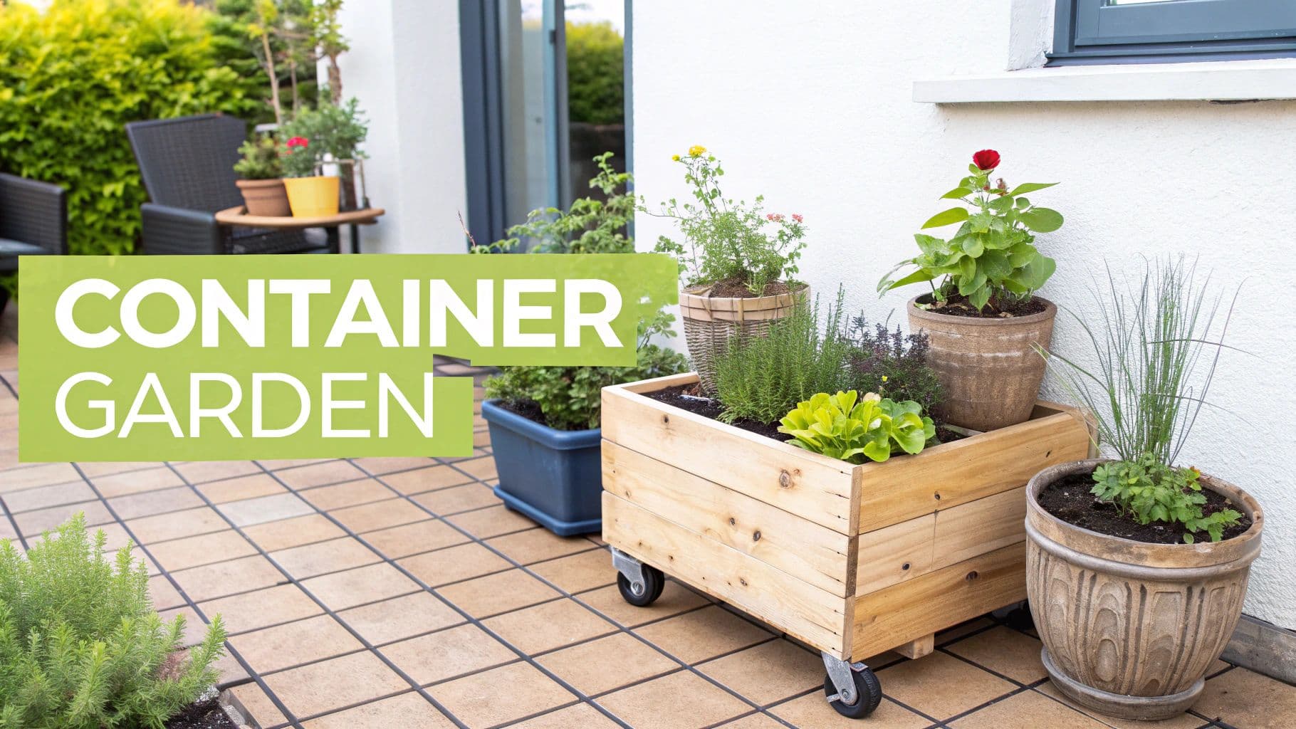 A vibrant container garden on a sunny patio with various potted plants, including herbs and flowers.
