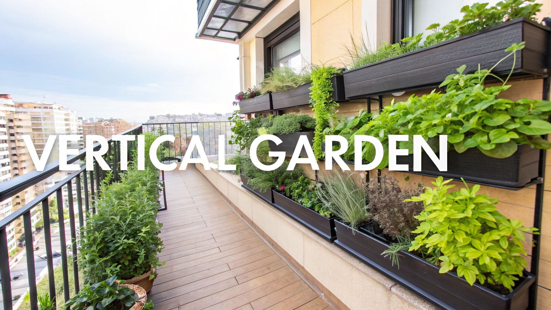 A modern apartment balcony featuring a lush vertical garden with various green plants and a city view.
