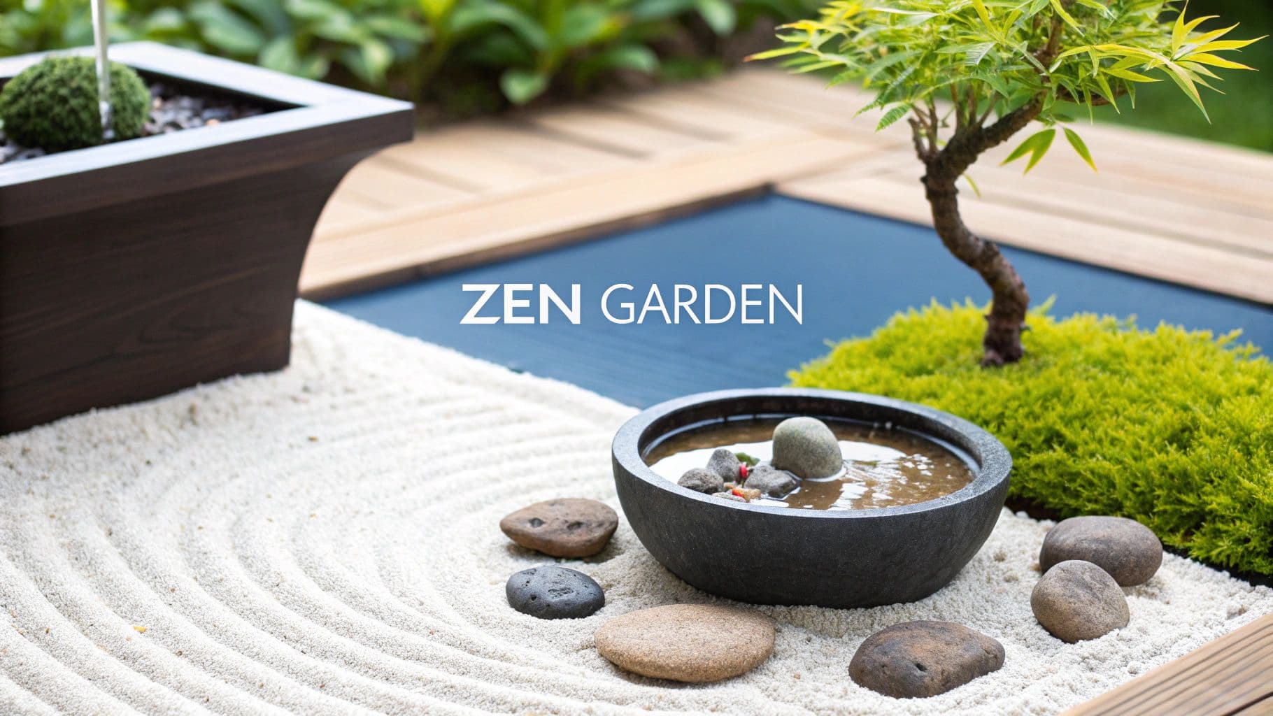 A beautiful outdoor Zen garden featuring raked white sand, a water bowl, a bonsai tree, and a planter.