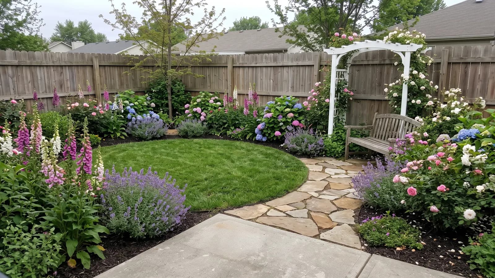 Cottage garden concept for a suburban backyard with a curving flagstone path, roses, lavender, hydrangeas and a white arbor