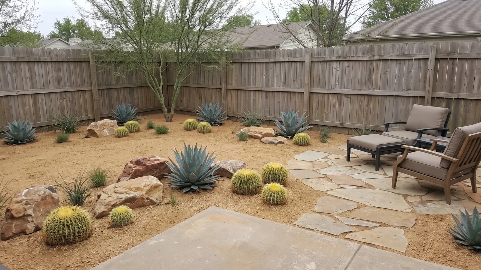 Desert concept for the same fenced backyard with decomposed granite, agaves, golden barrel cactus, boulders and a palo verde tree