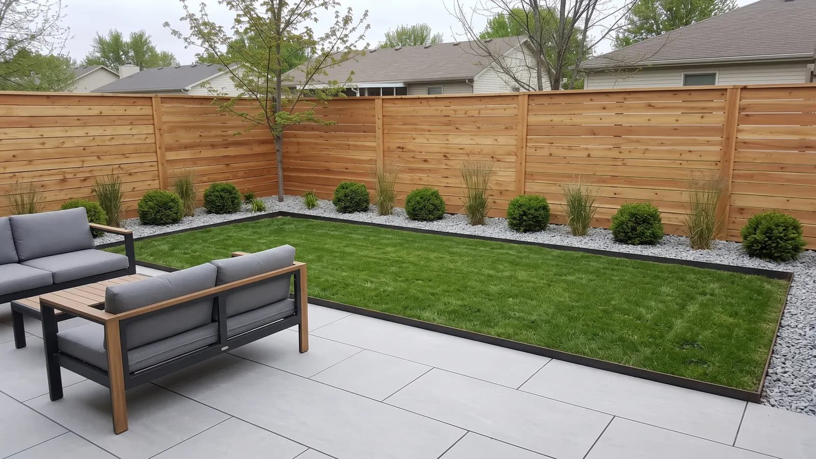 Modern style concept for a fenced suburban backyard with large gray pavers, a steel-edged lawn panel, ornamental grasses and a horizontal cedar fence