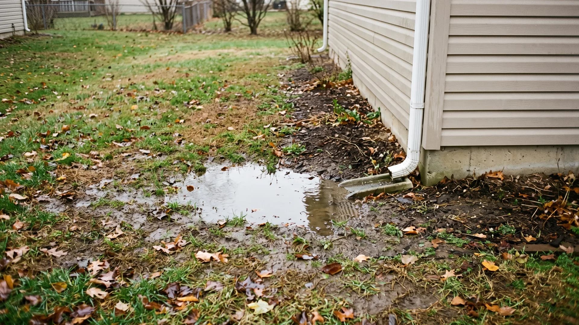 A soggy low spot with standing water in a lawn next to a gutter downspout at the corner of a house