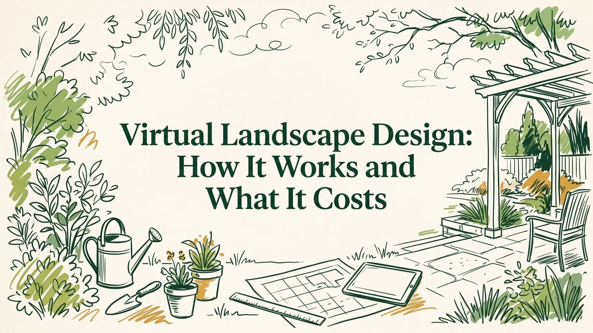 Virtual landscape design illustration with garden sketches, a pergola, a tablet and a drawn yard plan