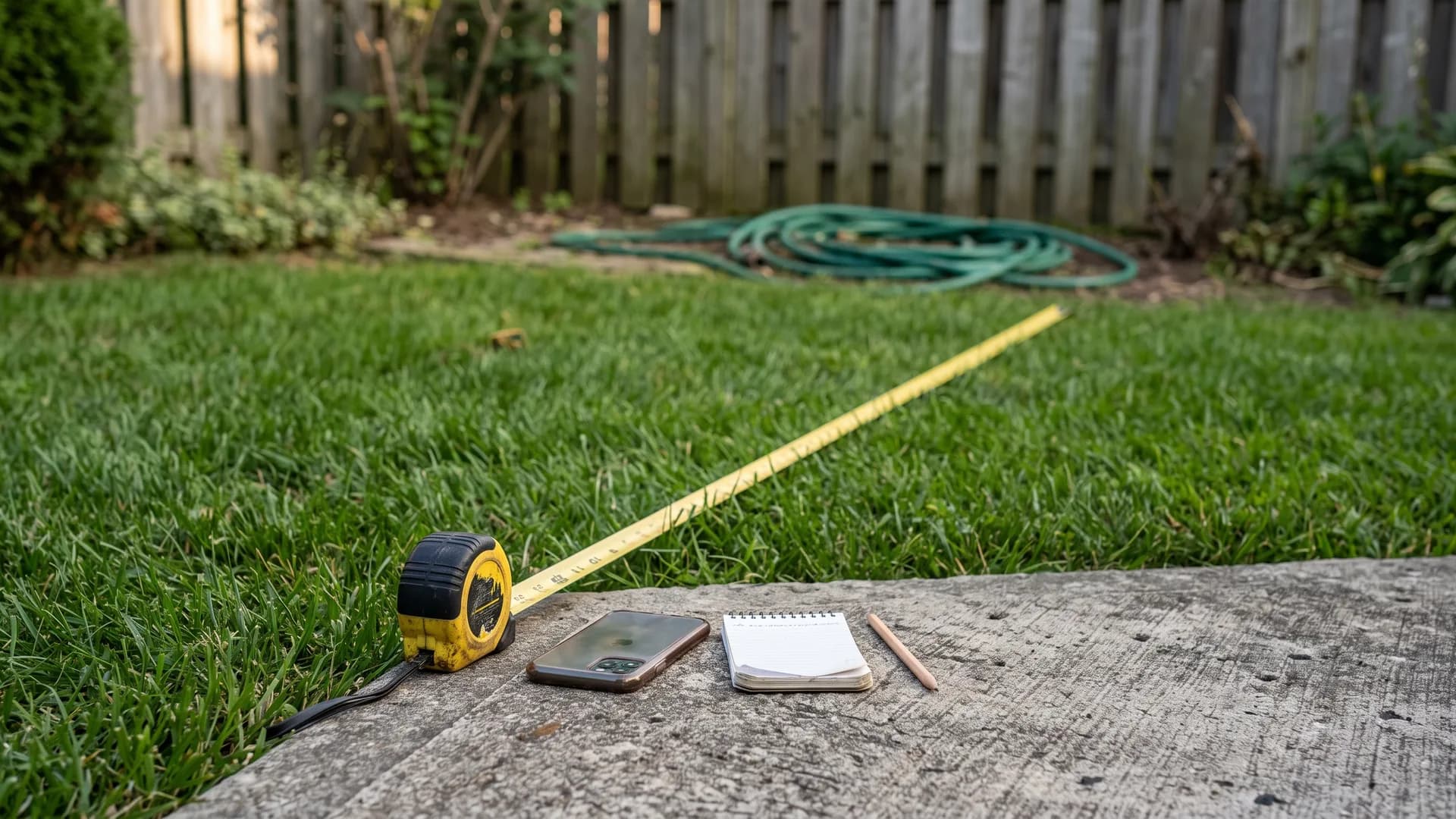 A tape measure stretched across a lawn from the edge of a concrete patio, with a phone and a notebook ready for notes